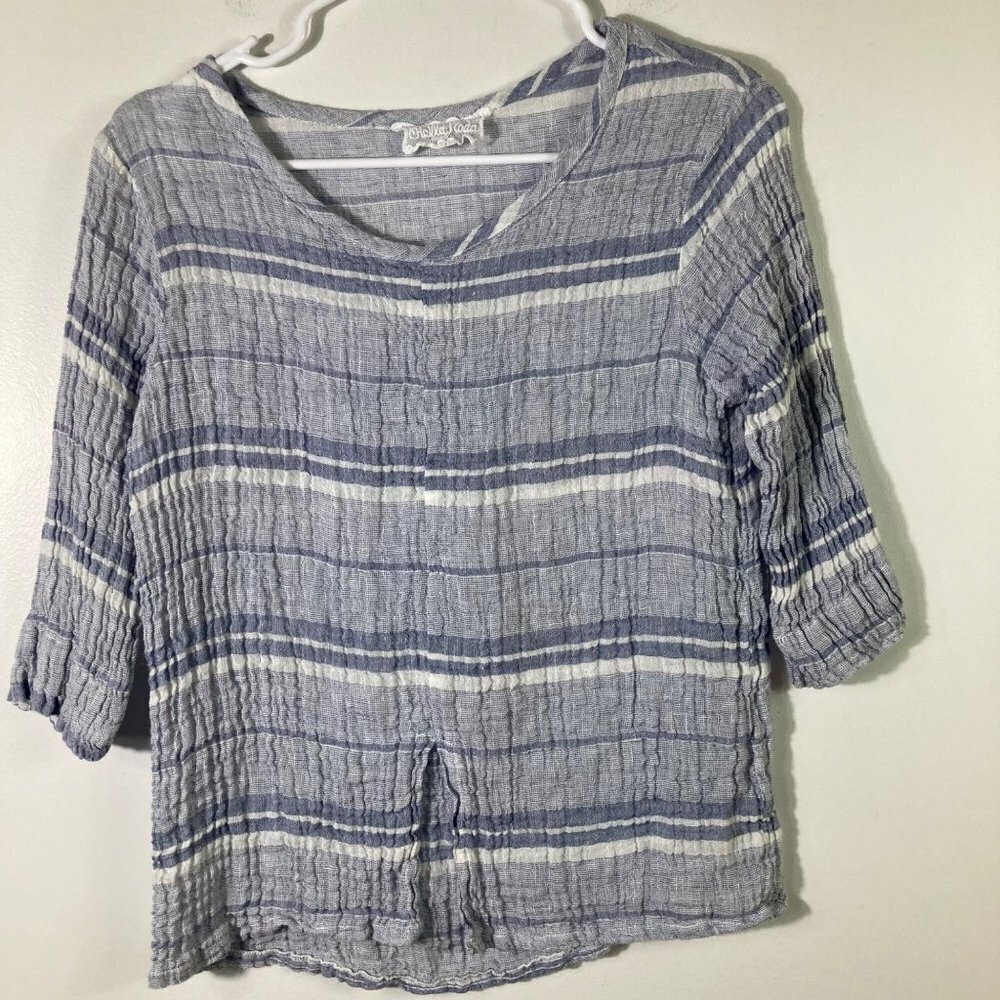 Womens Stella Moda Linen Cropped Tunic 3/4 Sleeve Blue White Striped S‎